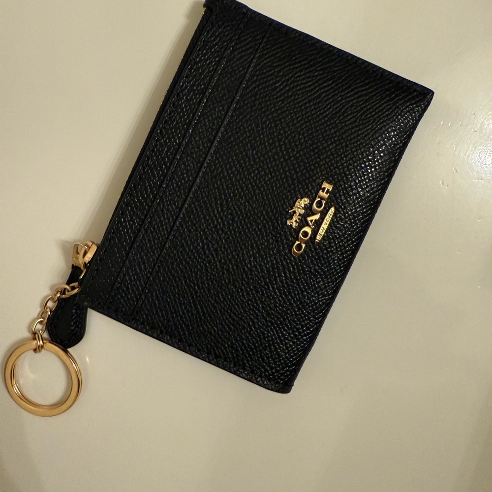 Coach Black Leather Card Holder with Gold Key Ring